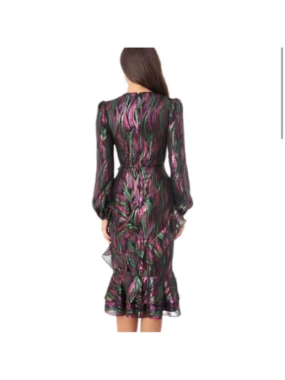 NEW Saloni Alya Black Rainbow Oilspill Silk Metallic Midi Dress Size 4 - Picture 8 of 16